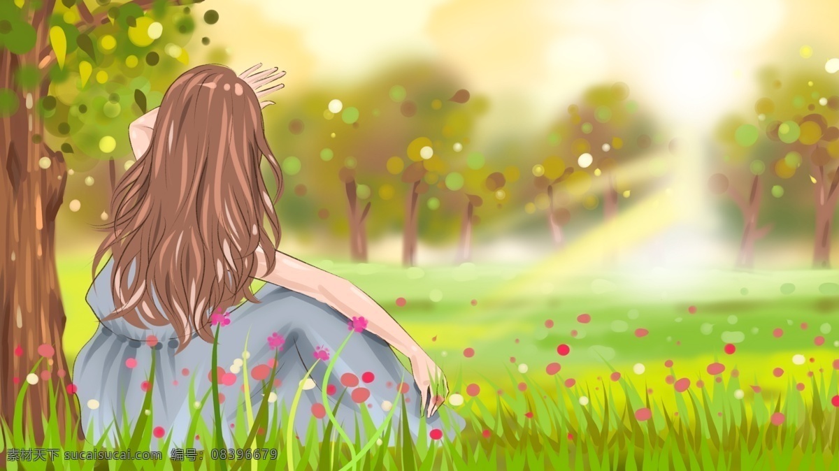 清晨 森林 里 女孩 阳光 原创 插画 小花 草地 大树 少女 裙子