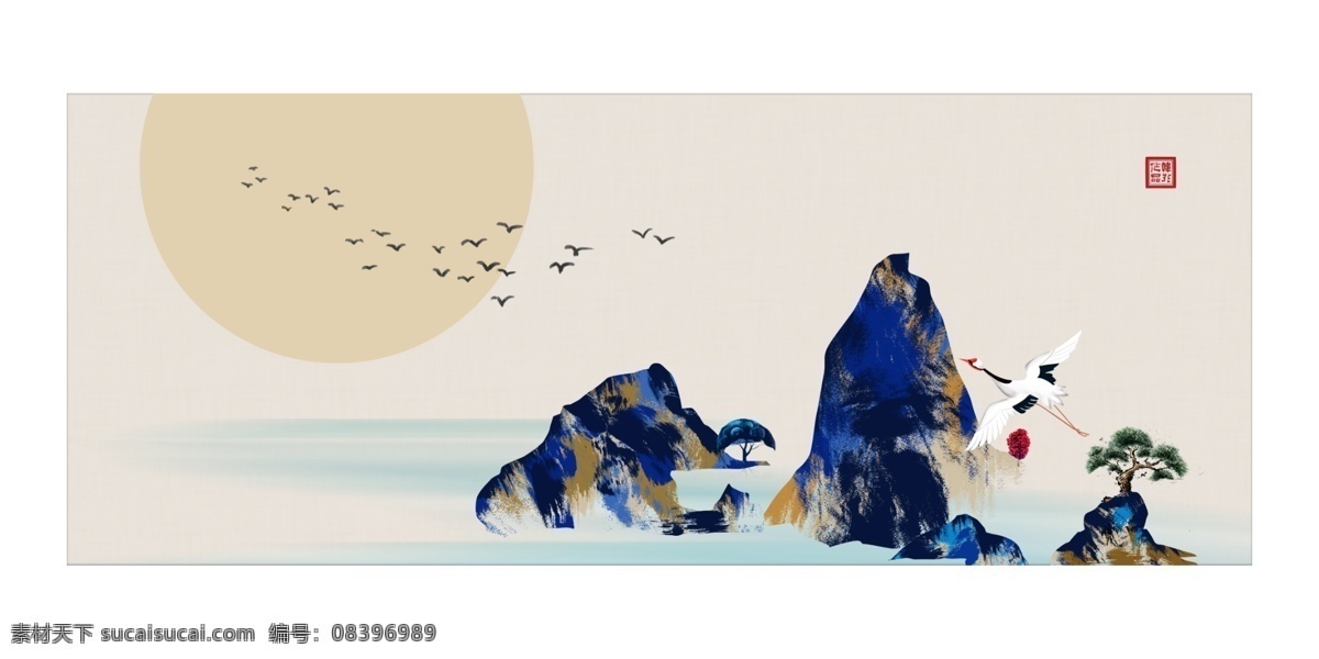 新 中式 创意 山水 仙鹤 客厅 酒店 横 式 装饰画 复古 米色 创意山水 国潮 禅意 酒店装饰画 客厅装饰画 沙发装饰画 纹理 艺术 艺术背景 民俗画