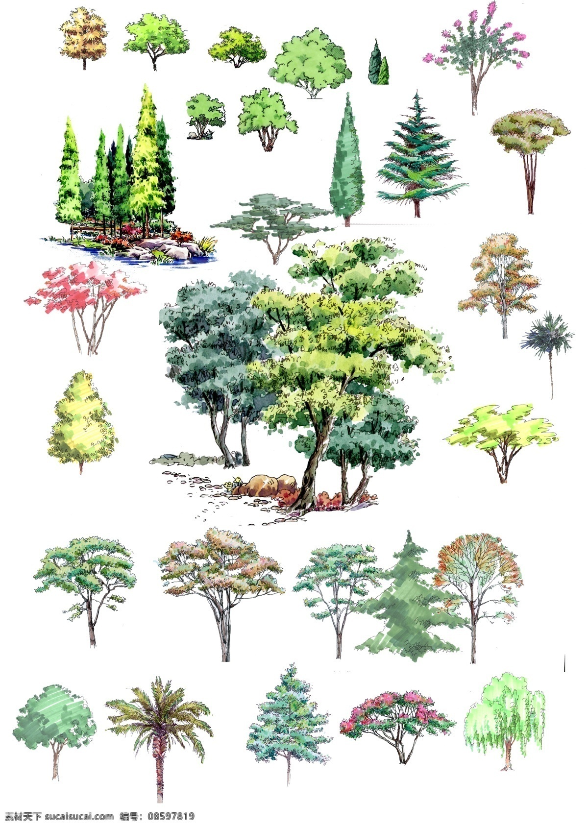 ps后期 手绘树 乔木 群树 建筑表现 后期 常用 白色