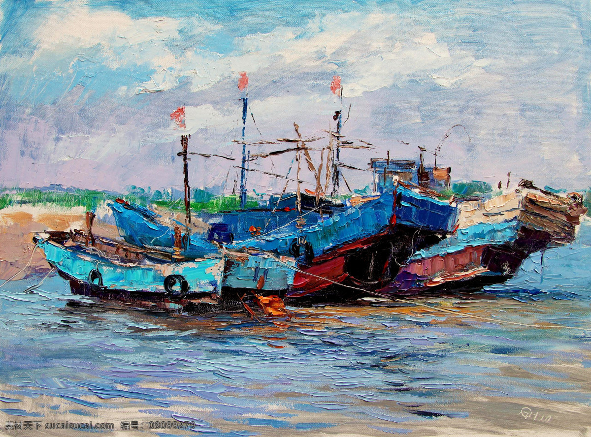 渔船 船只 风景 绘画 绘画书法 美术 文化艺术 油画 巷口 机动船 油画艺术 油画作品26 家居装饰素材