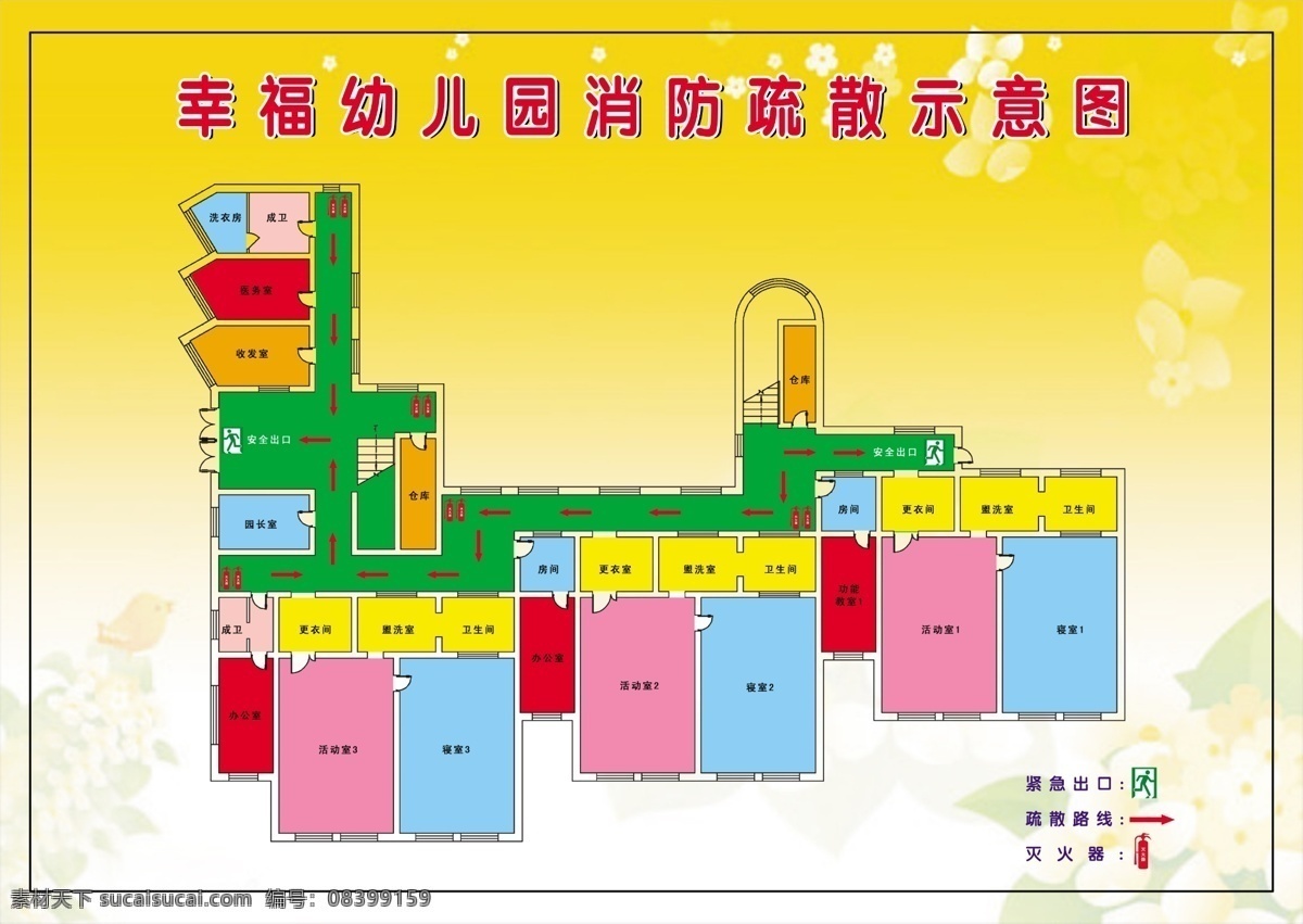 幼儿园平面图 疏散图 示意图 黄色底图 消防疏散 安全疏散模板 安全疏散广告 展板模板 广告设计模板 源文件