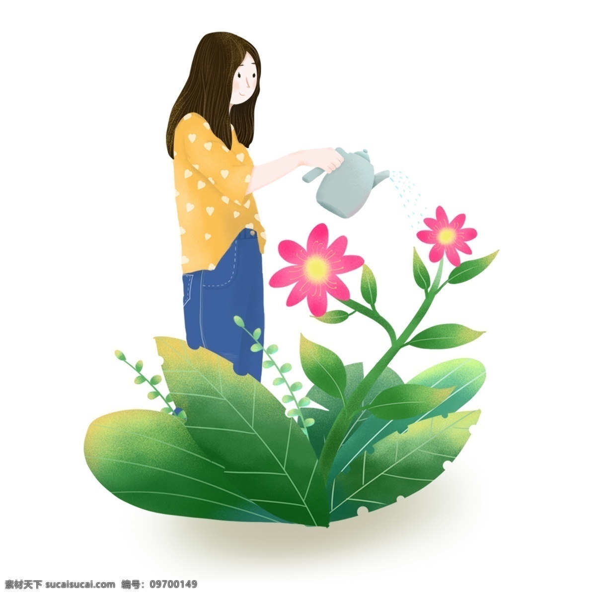 手绘 春天 绿植 鲜花 浇水 女孩 人物 元素 手绘植物 手绘女孩 人物元素 植物元素 鲜花元素 春天元素