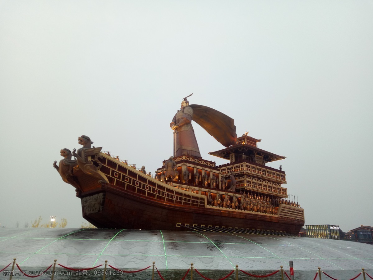 郑和下西洋图 人物郑和 大船 流水 灯光 护栏 旅游摄影 人文景观