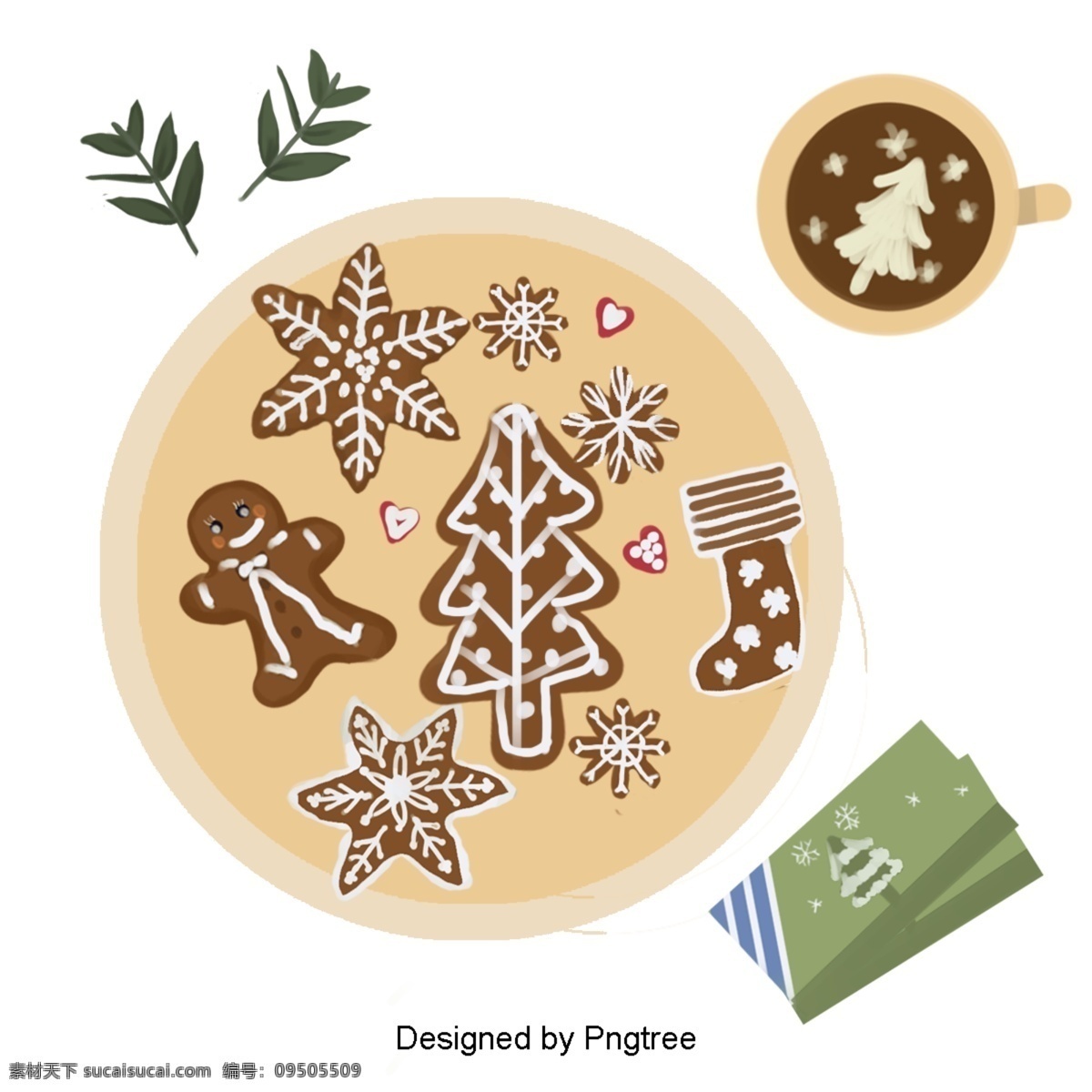 圣诞 姜饼 暖色 食品 材料 插图 雪 温暖 颜色 食物 味道 美国 人 节日 贺卡 咖啡