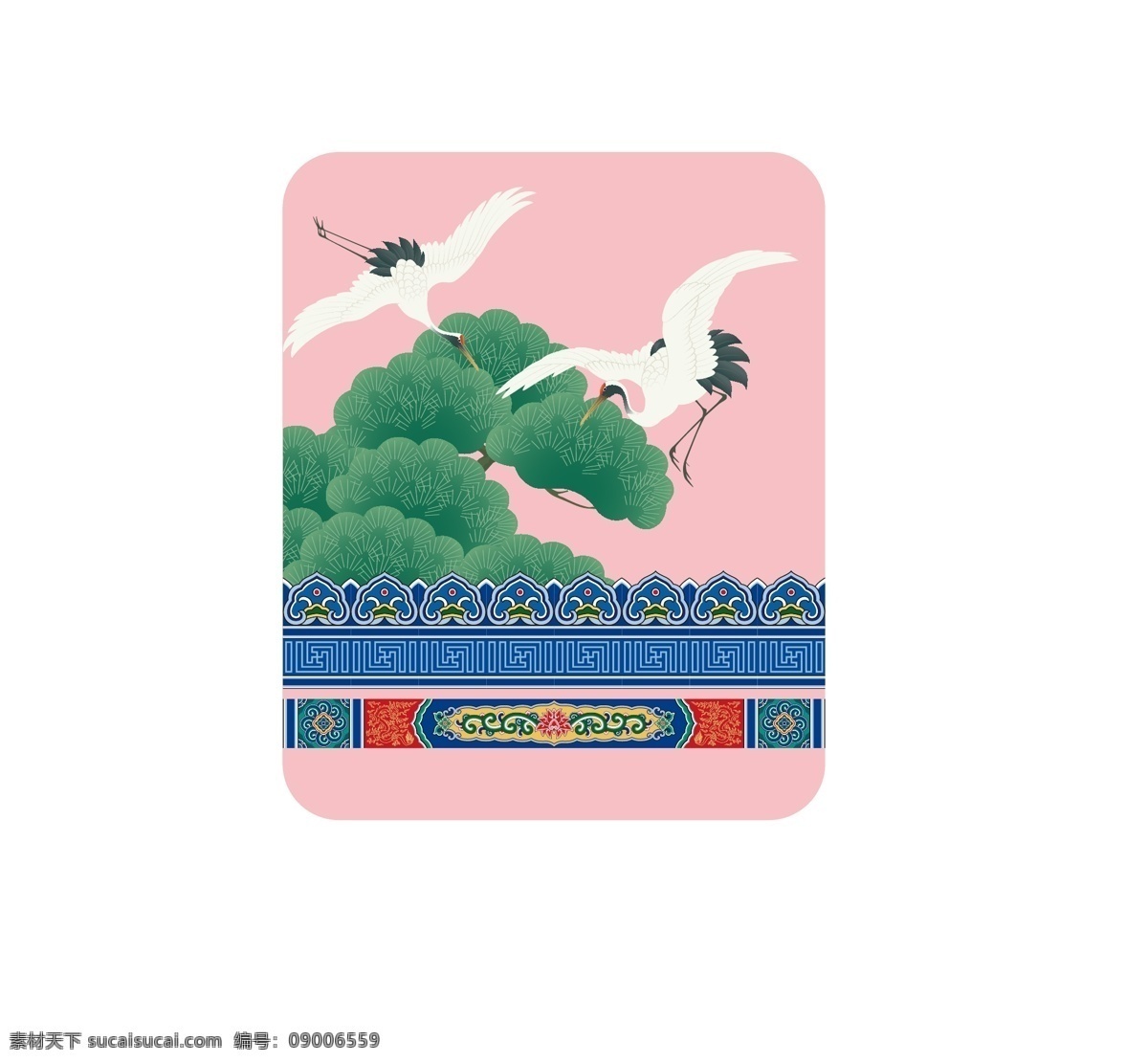 宫墙 苍松 仙鹤 栖 国风 国潮 复古 山水 矢量 插画 动漫动画 风景漫画