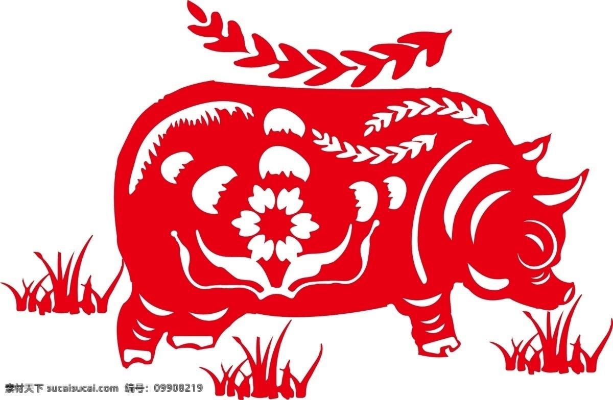 新年 红 猪 剪纸 元素 商用 春节 小草 红色 喜庆