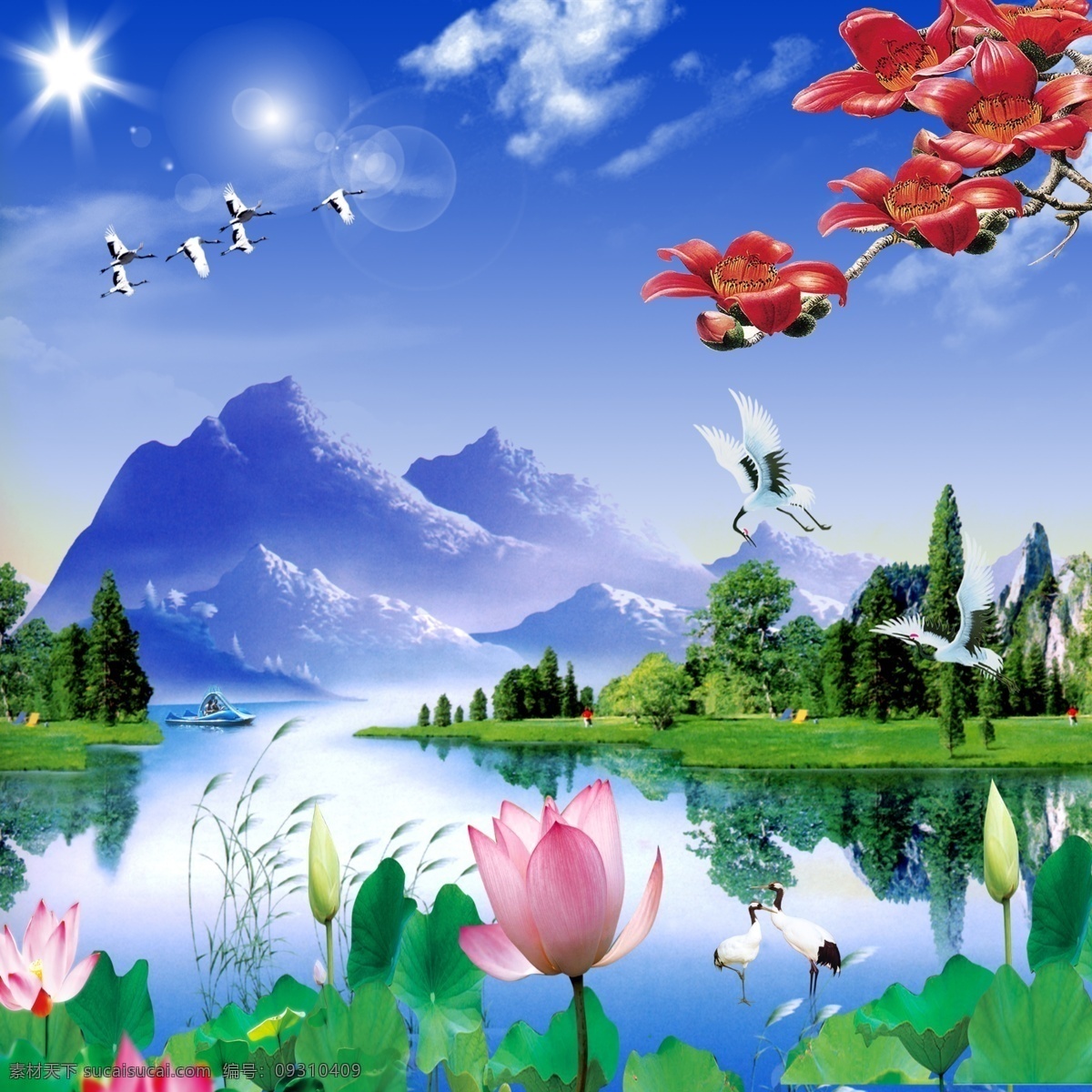 山水 风景图片 分层 荷花 景 山 山水风景 桃花 移门 源文件 水 kdy 家居装饰素材 山水风景画