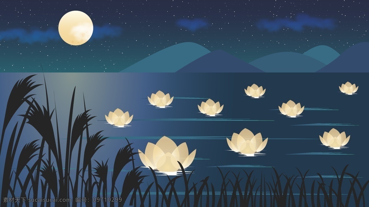 矢量 插画 中元节 放 河 灯 夜晚 神秘 山水 可爱 卡通 河灯