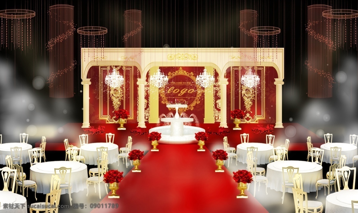 红色 系 欧式 婚礼 效果图 舞台 tif格式