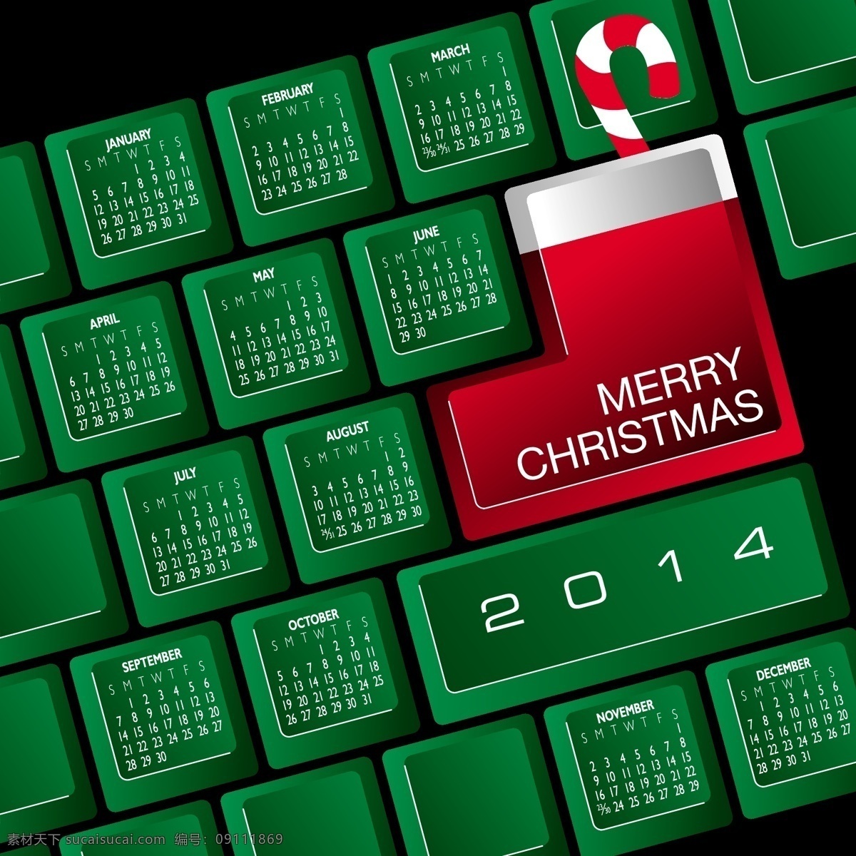 键盘日历模版 绿色 键盘 2014 日历 台历 日历设计 日历模板 日历台历 矢量素材 黑色