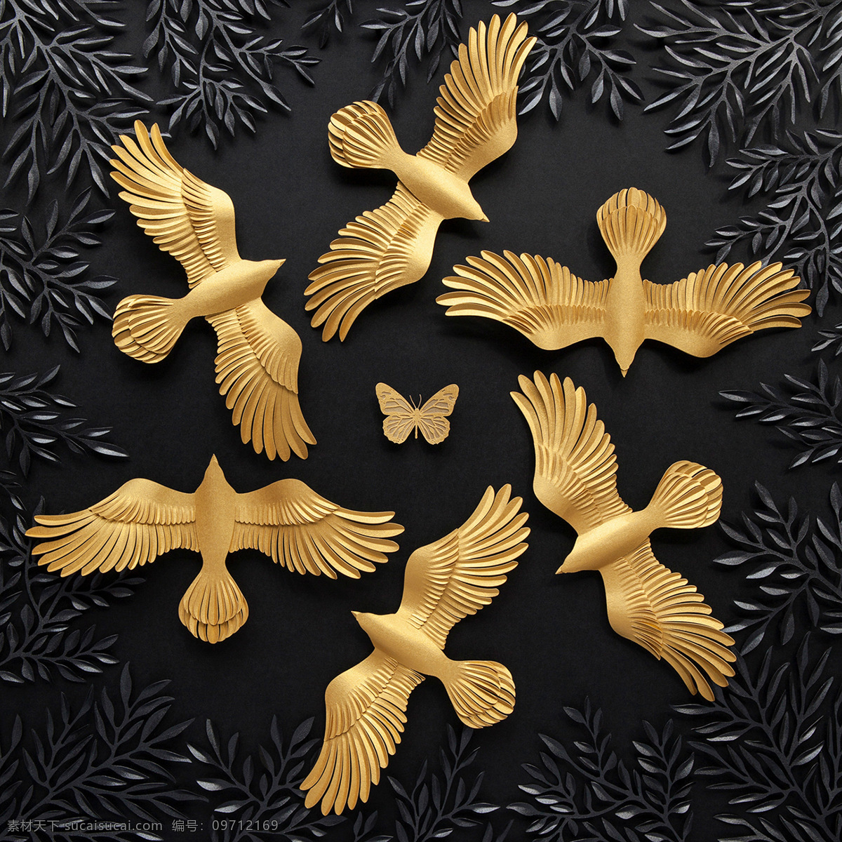 金色素材 金色背景 黑色背景 金色鸟 金色蝴蝶 立体感 3d设计 展示模型