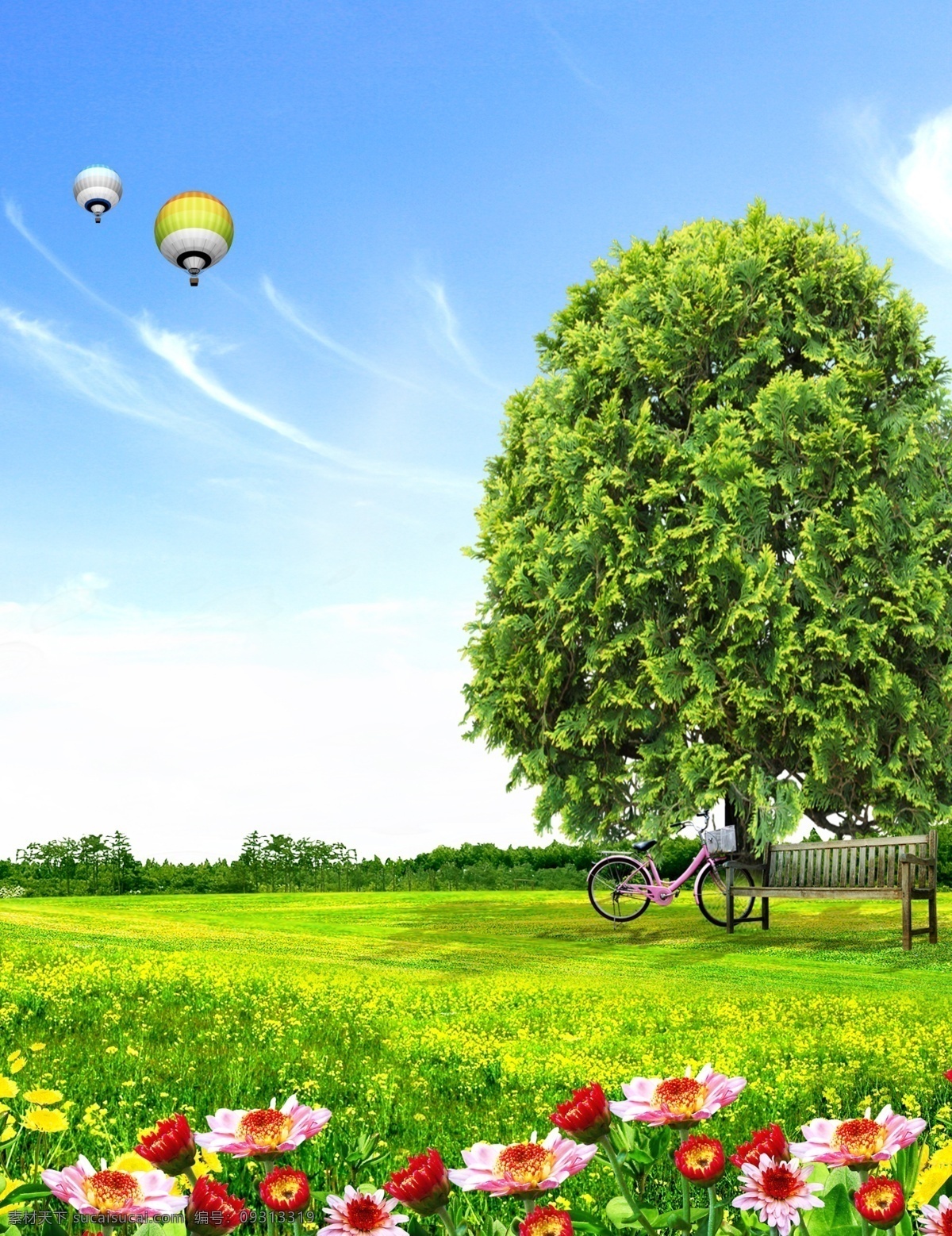 蓝天 白云 花边 草地 树 春天常用背景 小花 分层 广告设计模板