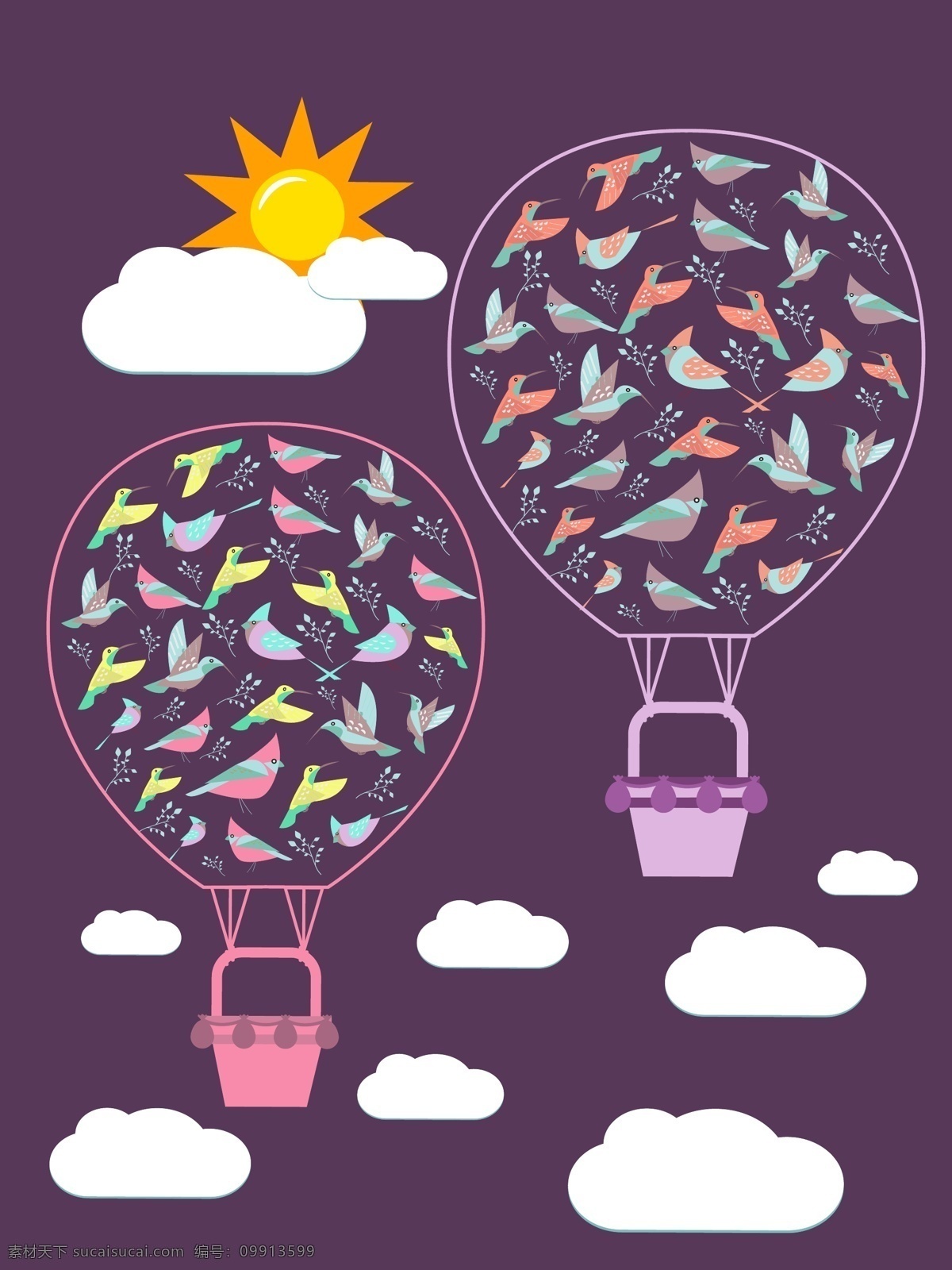 创意 花纹 热气球 插画 热气球插画 花纹热气球 太阳 气球 云朵