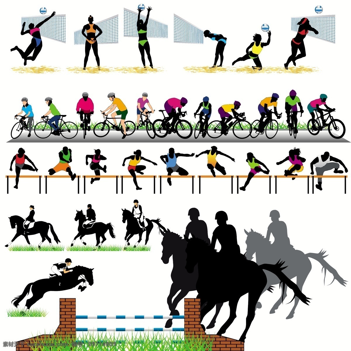 马术 自行车 跨栏 排球 运动员 剪影 体育 比赛 运动 骏马 奔驰 动作 姿势 矢量 体育运动 文化艺术
