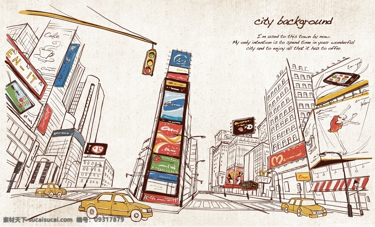 手绘城市广场 马克笔 手绘 建筑 城市 广场 街道广告牌 分层 共享
