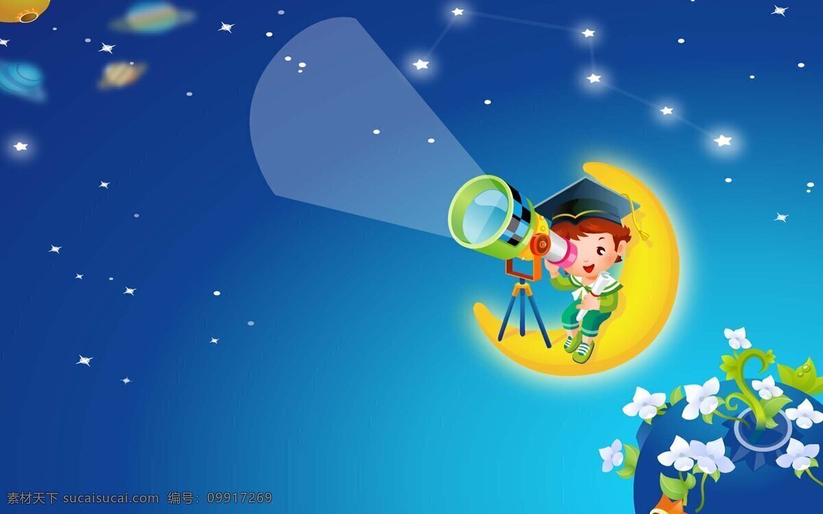 儿童 卡通 月亮 背景 图 壁纸 望远镜 星星 夜空