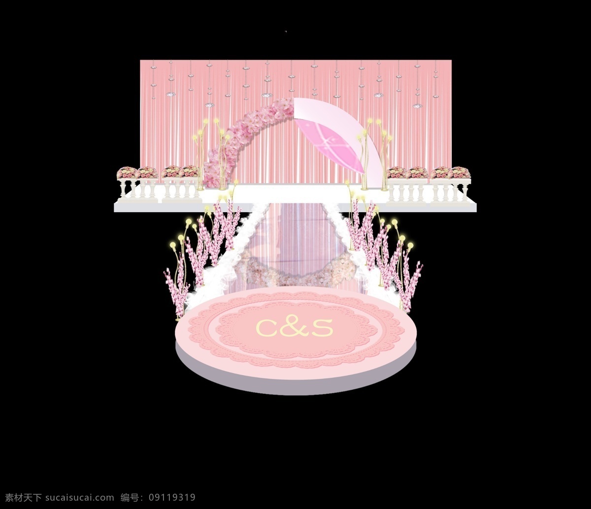 粉色婚庆效果 粉色 樱花 灯串 栅栏 拱门