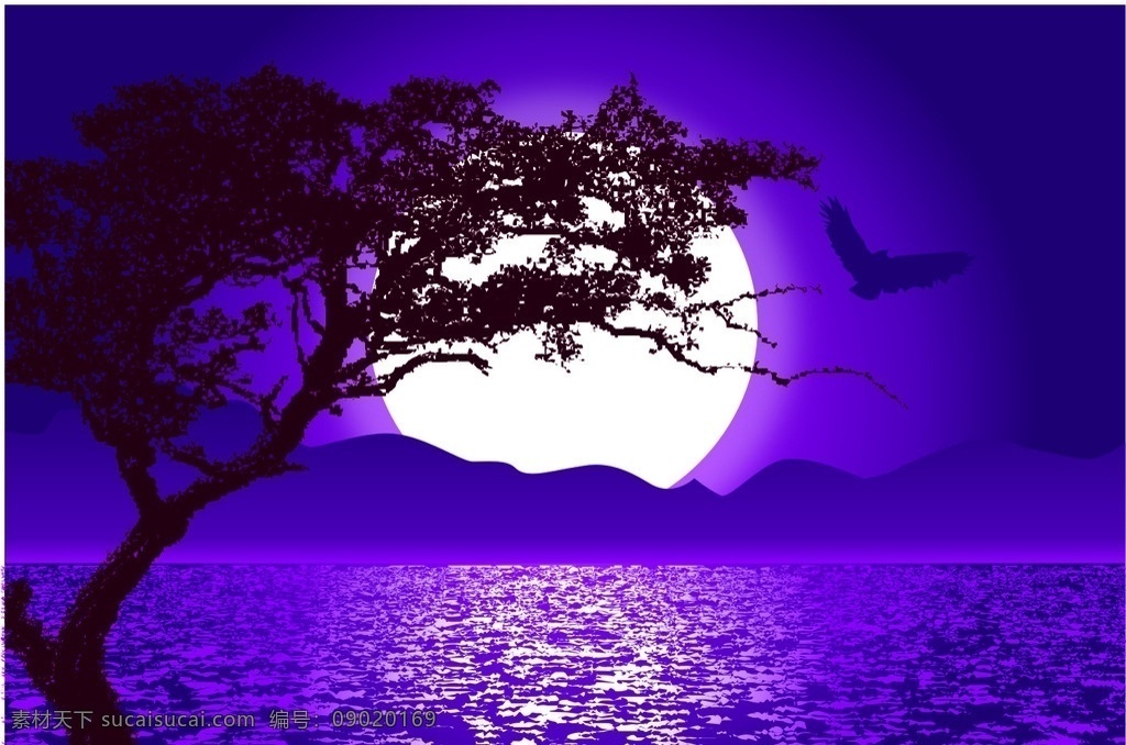 月亮设计图 彩色 紫色 日出 日落 树 湖面 海面 月亮 月亮前景 树前景 卡通设计