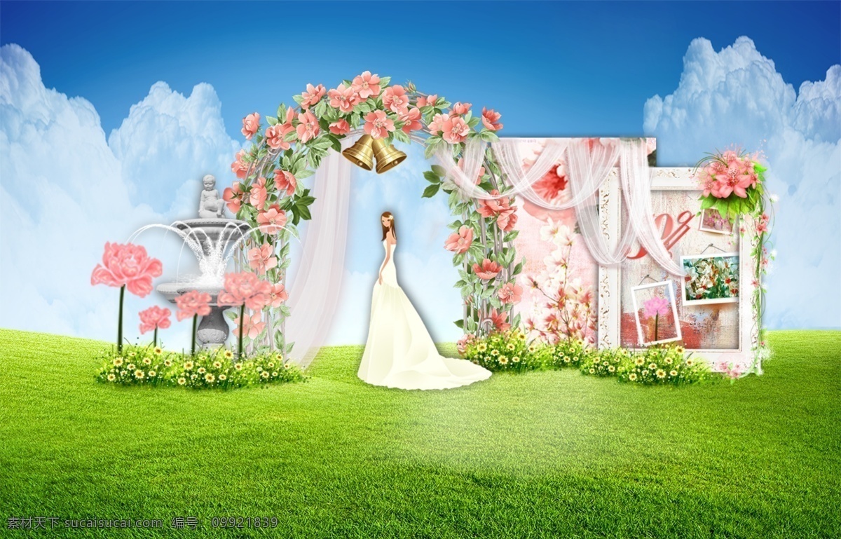 户外 粉色 花门 相框 花艺 展示 迎宾 婚礼 效果图 户外婚礼 展示迎宾 花朵 铃铛 纱幔 喷泉