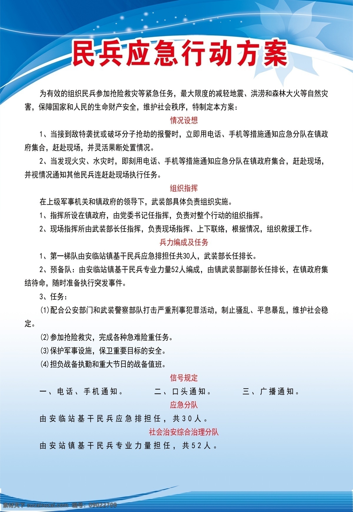 民兵 应急 行动 方案 行动方案 应急行动 蓝色版面 武装部 海报展板 分层