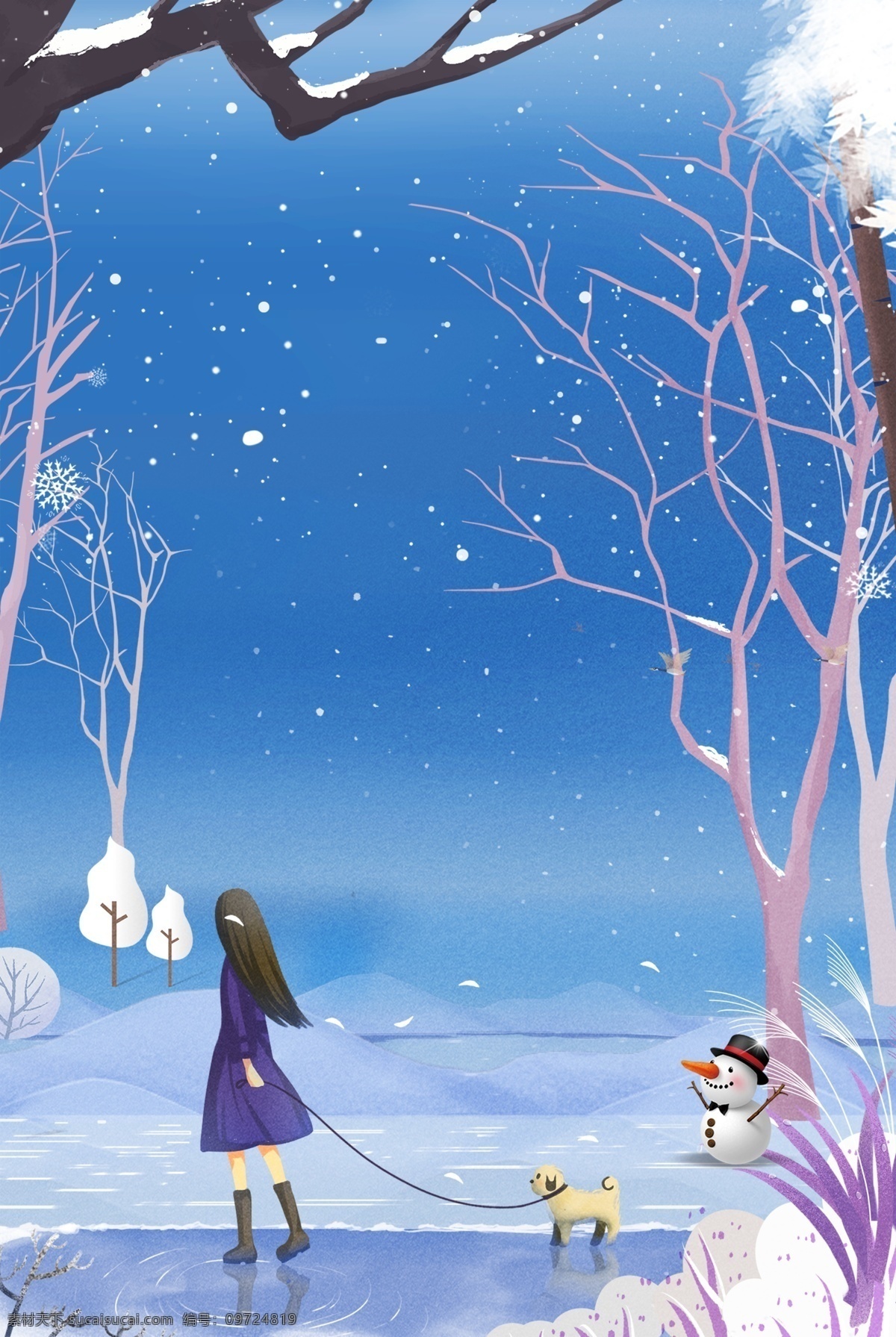 蓝色 浪漫 冬天 背景 雪花 树枝 女孩 小狗 雪人 大雪