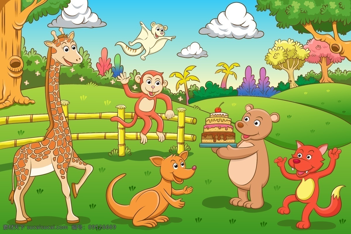 可爱的 卡通动物园 矢量素材 儿童插画 长颈鹿 卡通熊 狐狸蛋糕 动物园 卡通动物插画 卡通动物漫画 动物插图 陆地动物 生物世界 ai格式 野生动物