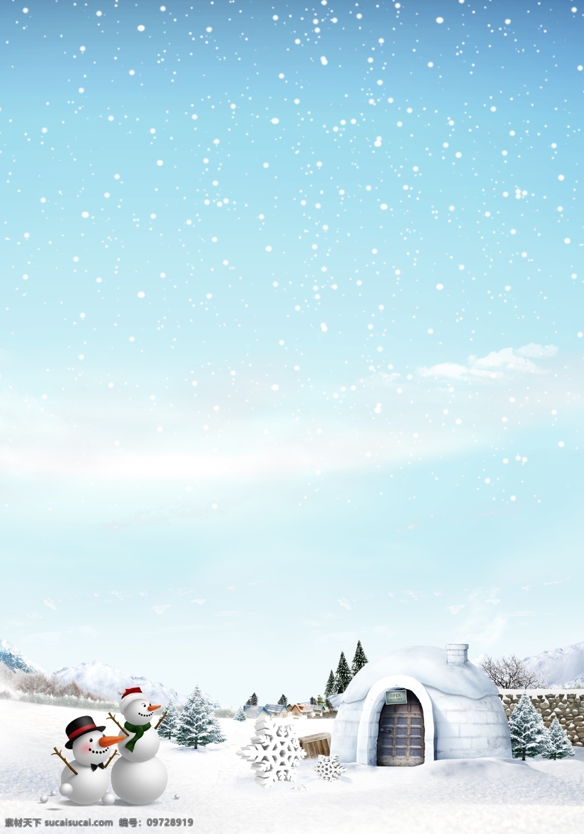 雪人背景图片 雪人背景 蓝色背景 雪人 房子