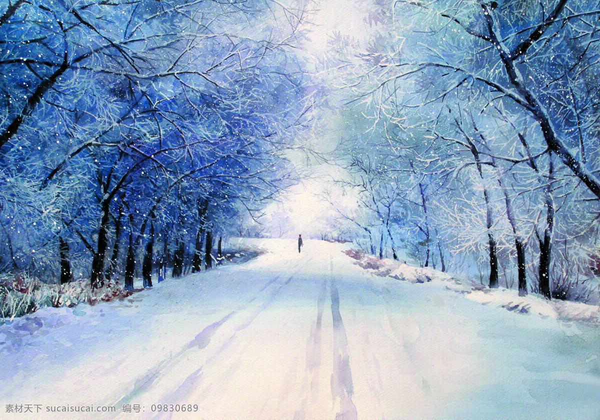雪道 美术 水彩画 风景 冬天 雪地 道路 行人 雪树 文化艺术 绘画书法
