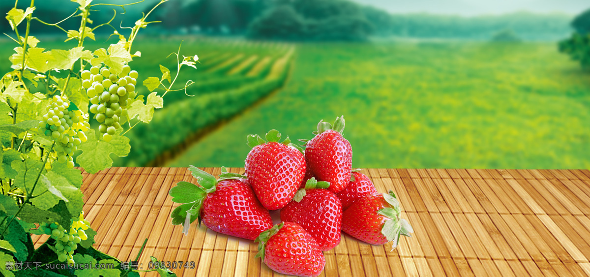 红色 草莓 绿色 草地 banner 背景 清新 绿色植物 红色草莓 夏季
