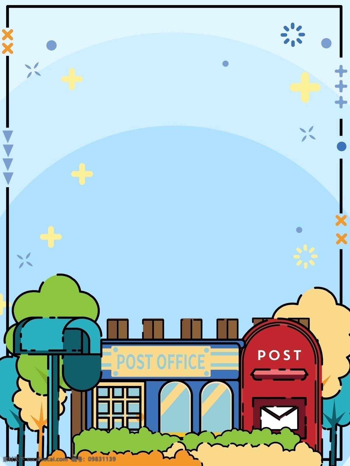 手绘 清新 邮局 广告 背景 广告背景 蓝色背景 树木 街道 信箱 邮筒