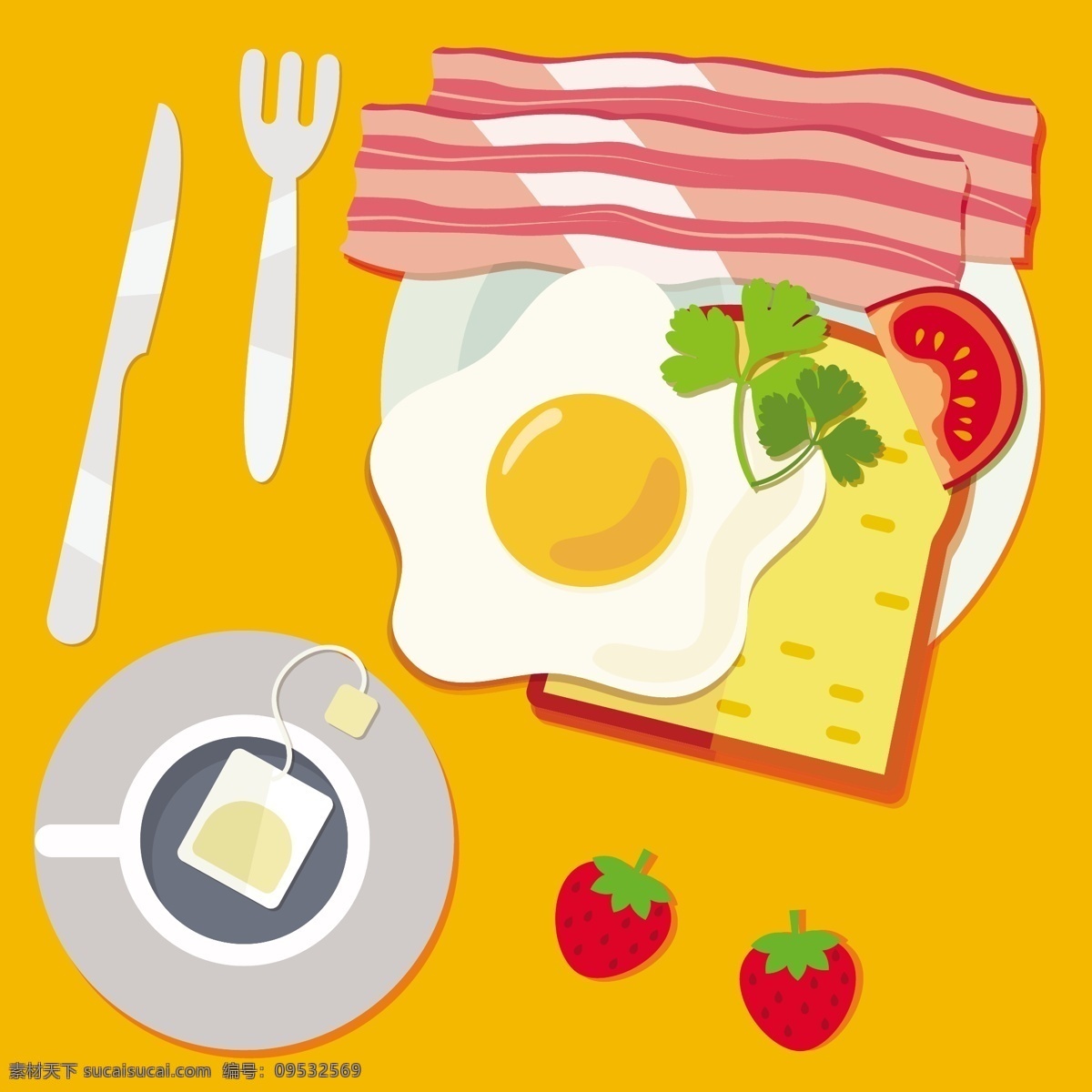 煎 鸡蛋 早餐 矢量 杯子 草莓 刀 刀叉 煎鸡蛋 咖啡 肉 矢量素材 西红柿