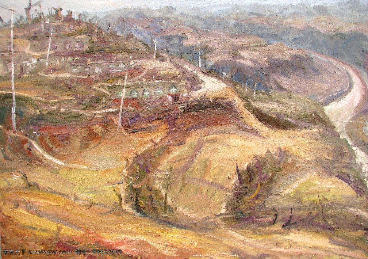 风景 河流 绘画书法 美术 山岭 树木 文化艺术 黄土地 油画 西北 黄土高原 村子 窑洞 油画艺术 油画作品39