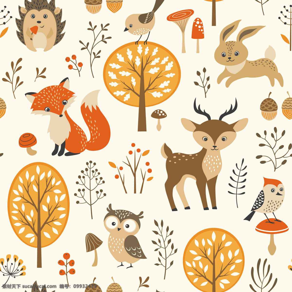 可爱 清新 动植物 壁纸 图案 装饰设计 灰色细树叶 小鹿 小狐狸 小蘑菇 猫头鹰 壁纸图案