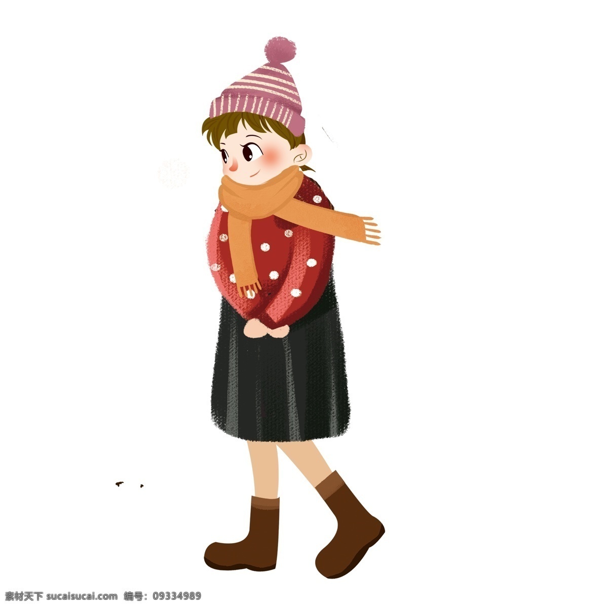 卡通 可爱 少女 人物 复古 插画 女生 女人 围围巾
