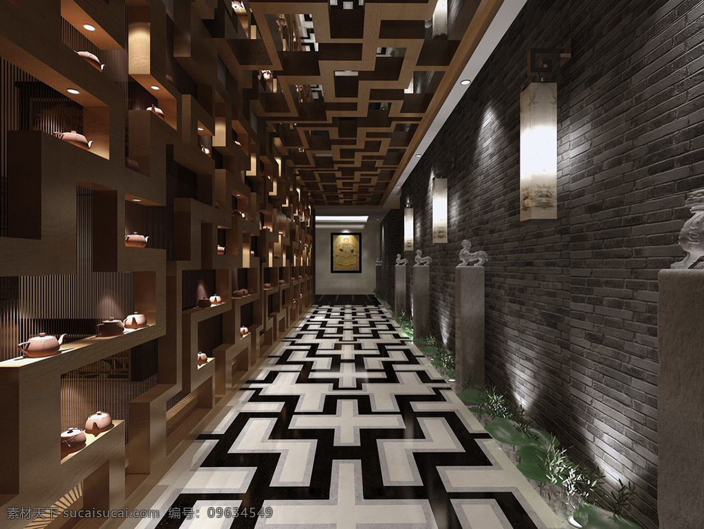 新 中式 风格 商业空间 走廊 效果图 新中式 室内设计 走廊效果图 装饰画 时尚 地毯 空间 植物 镂空木