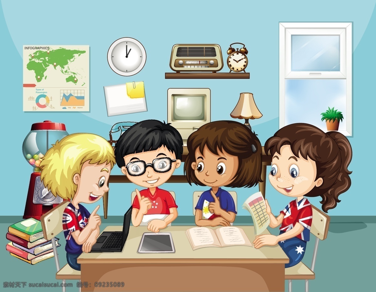 卡通学生插画 学生 儿童 女孩 男孩 学习 快乐 小学生 教育 人物 漫画 插画 卡通儿童 卡通设计