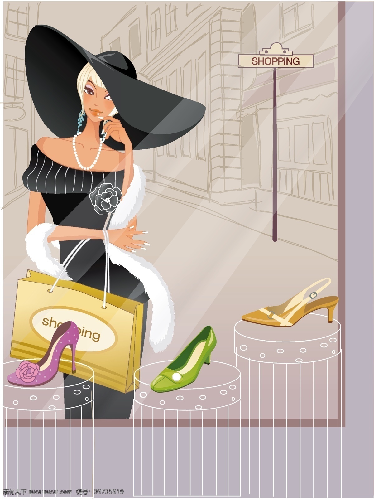 时尚 女性 购物 eps格式 背景 高跟鞋 帽子 背景女性 矢量图 矢量人物