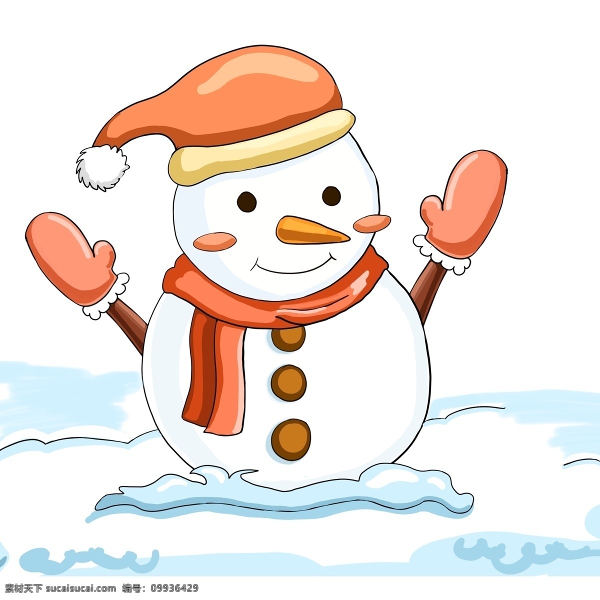 漫画 风格 圣诞节 雪人 商用 元素 彩色 插画 冬季 手绘 手套 圣诞帽 积雪