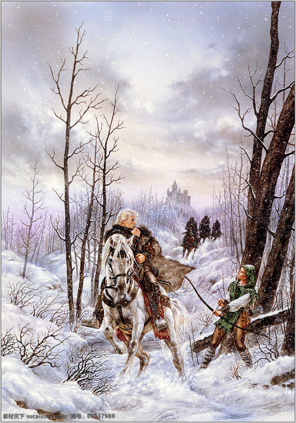 白马 插画 绘画书法 奇幻 设计图库 文化艺术 雪地 luis royo作品 royo 路易斯罗佑 狩猎 插画集