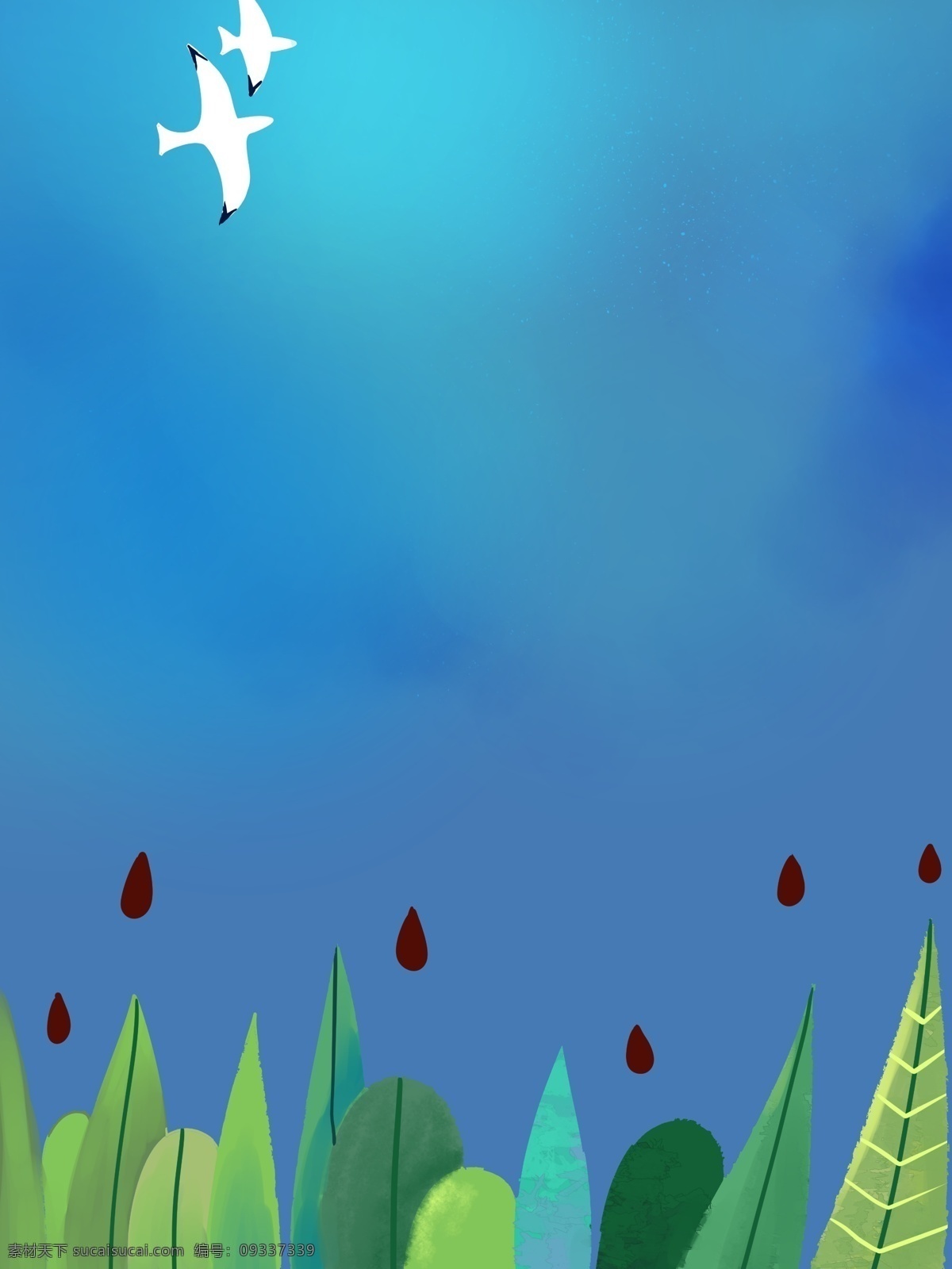 蓝色 夏季 花丛 海鸥 背景 夏天 蓝色背景 绿叶 树叶背景 蓝天背景 彩绘背景 手绘背景 背景展板 特邀背景 背景展板图