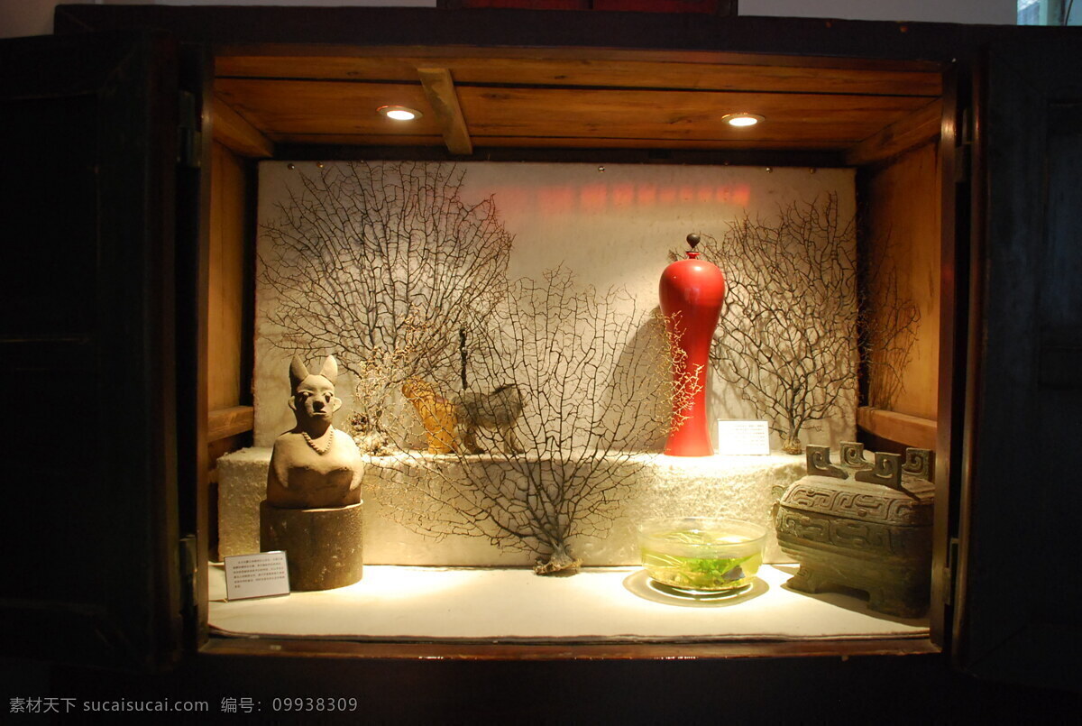 灯光 下 展品 鲜花 展馆 展览 展示 自然风景 自然景观 灯光下的展品 梅瓶 红瓶子 装饰素材 展示设计