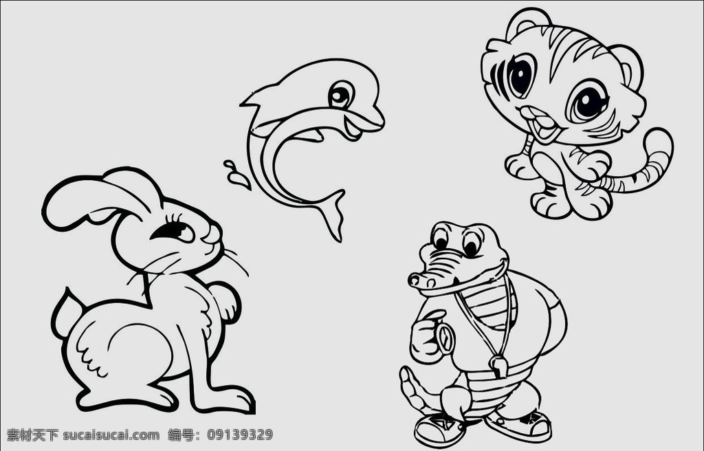 可爱动物 卡通 线条 矢量 兔子 海豚 鳄鱼 文化艺术 绘画书法