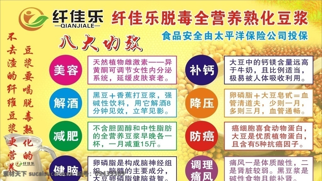 纤 佳 乐 豆浆 海报 纤佳乐 八大功效 黄豆 豆浆海报 豆子背景 豆浆背景