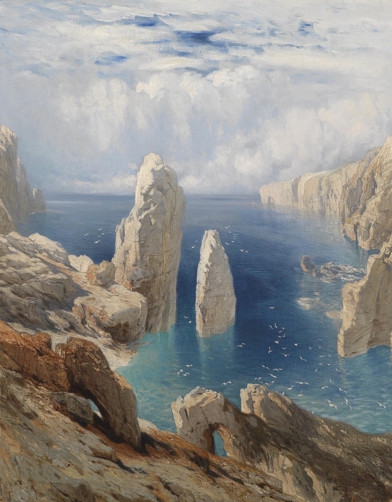 奥古斯特 谢弗 作品 德国画家 陡峭的海岸 群山环绕 一片海 小孤山 成群的海鸟 年 创作 世纪 水彩画 文化艺术 绘画书法
