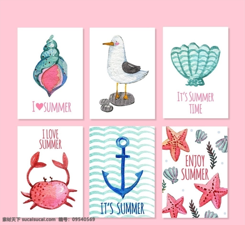 水彩 绘 夏季 元素 卡片 海螺 海鸥 贝壳 船锚 海星 矢量 高清图片