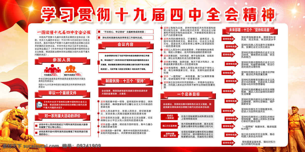 学习贯彻 十 九大 四中全会 精神 十九大 四中全会精神 党建展板 展板背景 红旗 狮子 雕像 标题分隔符 党建