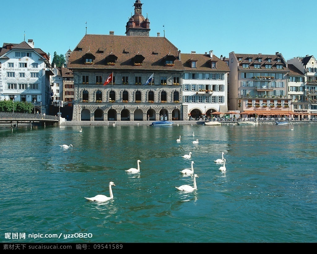 瑞士风景 水 房子 鸭子 自然景观 风景名胜 摄影图库 瑞士剪影