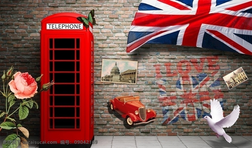 电话亭 红色 英国国旗 街边 和平鸽 超山林场 文化艺术