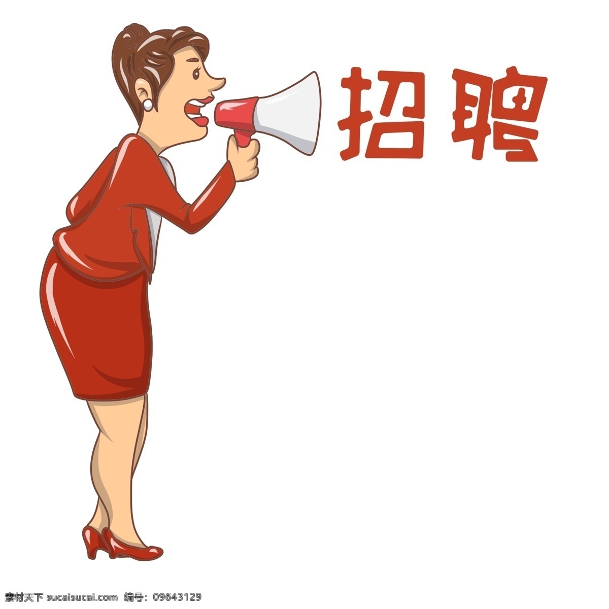 努力 招聘 人物 插画 卡通人物 喇叭扩音 红色的裙子 手绘喇叭 手绘 白色的喇叭