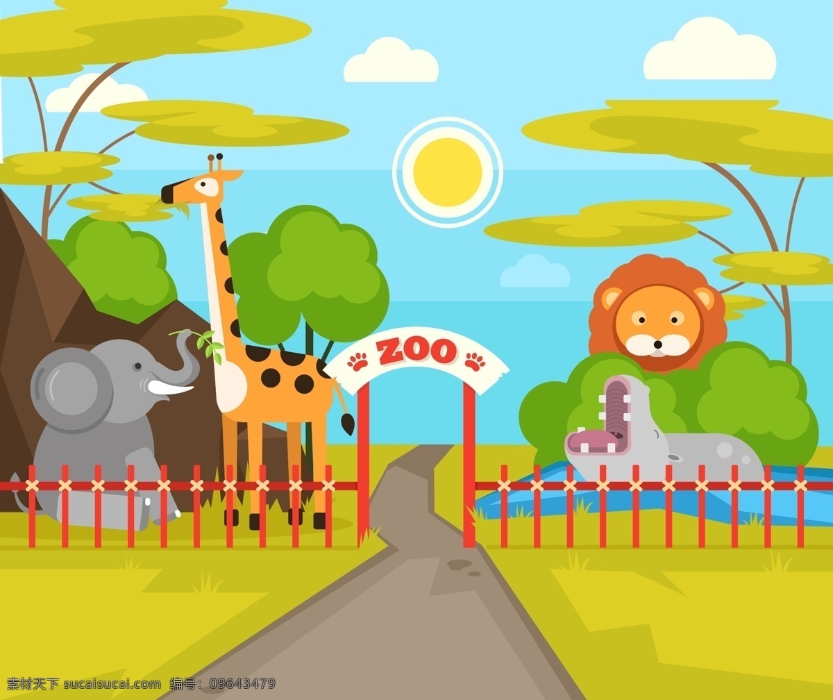 可爱动物园 可爱 动物园 入口 长颈鹿 大象 河马 狮子 矢量卡通 动漫动画